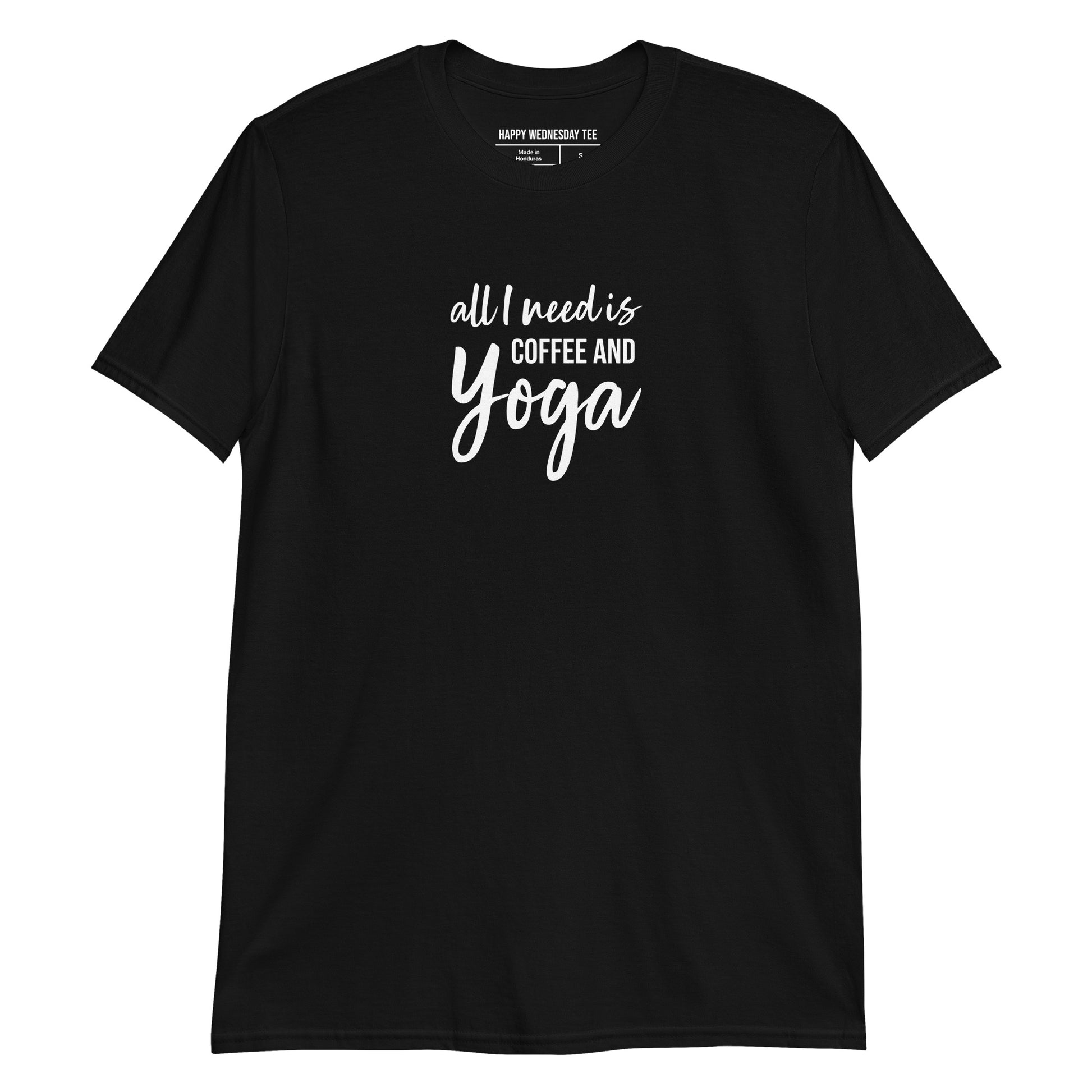 A minimalist black T-shirt with quotes 'All I need is Coffee & Yoga' in white font