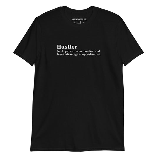 A minimalist black T-shirt with quotes 'Hustler' in white font