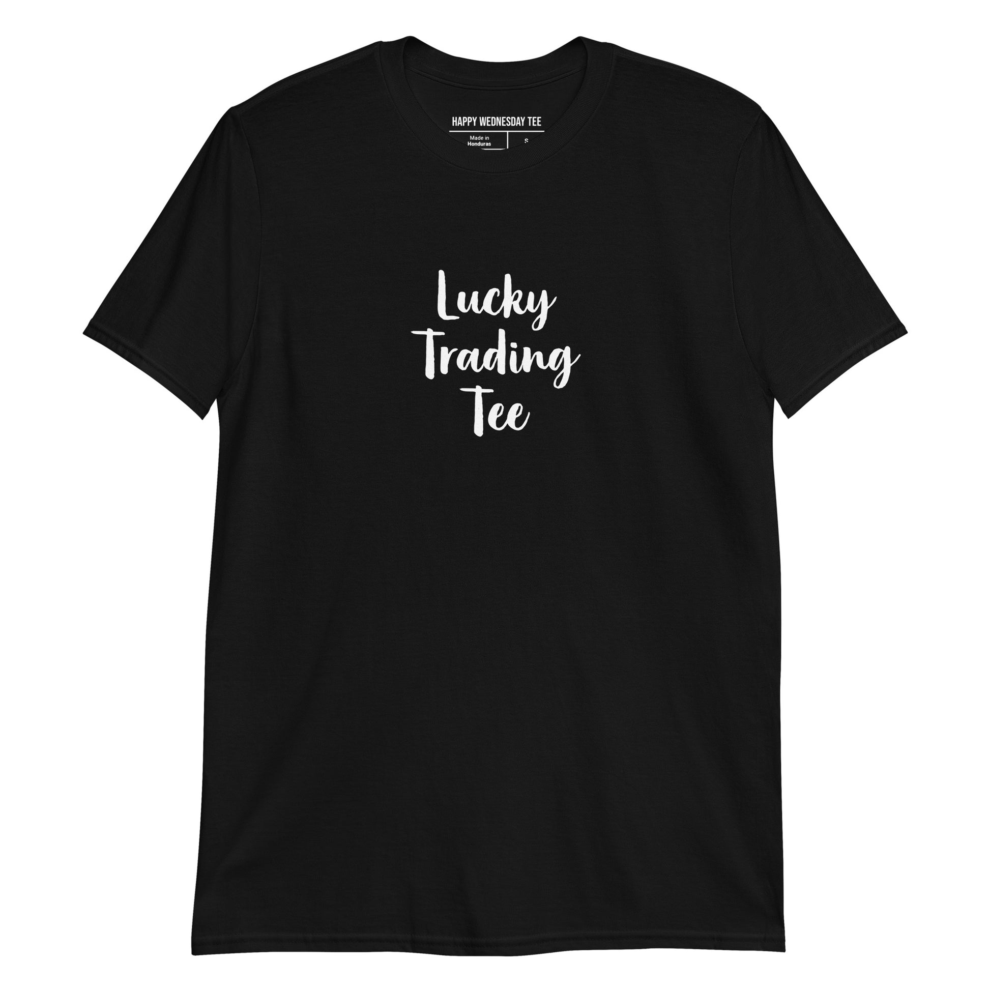 A minimalist black T-shirt with quotes 'Lucky Trading Tee' in white font