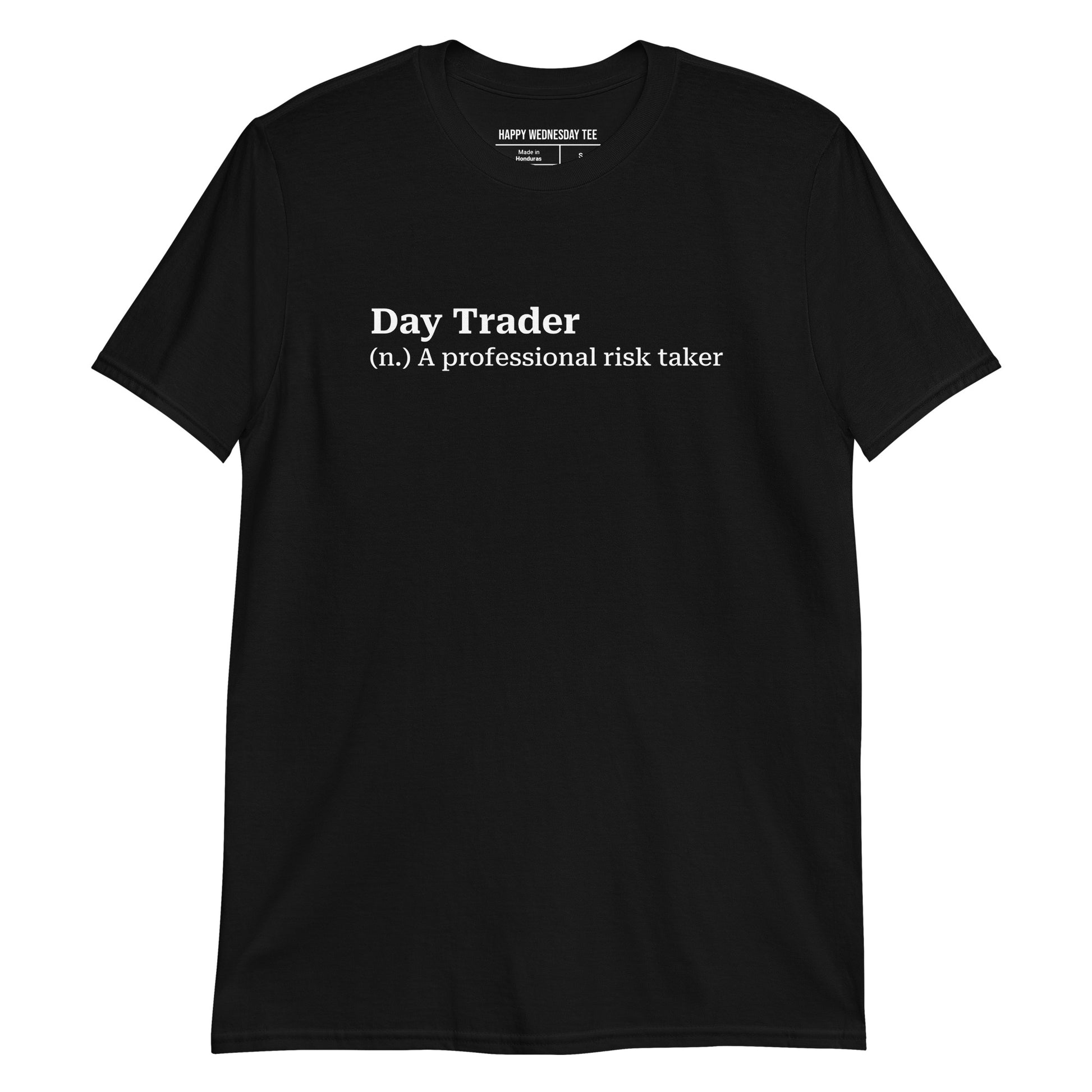 A minimalist black T-shirt with quotes 'Day Trader' in white font