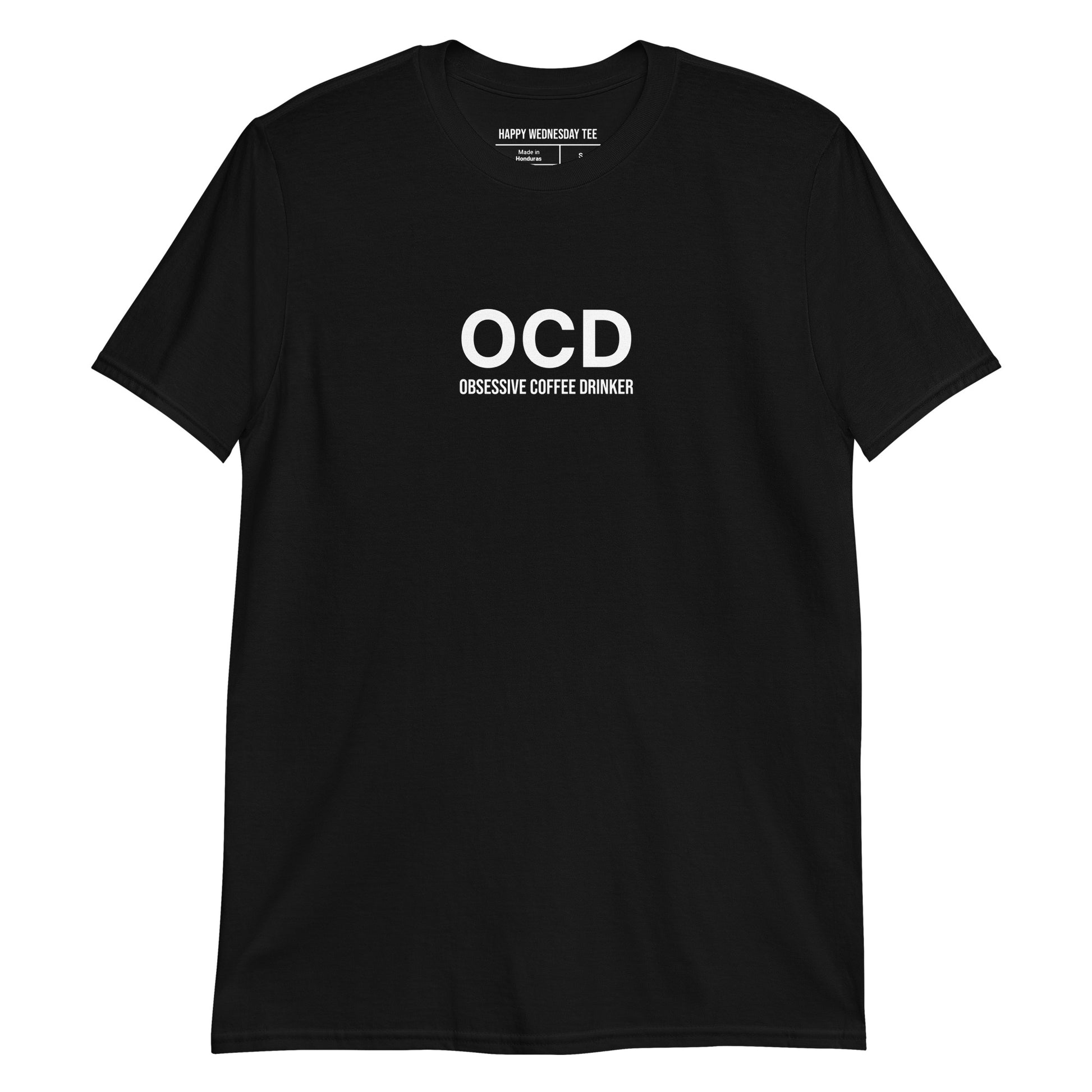 A minimalist black T-shirt with quotes 'OCD - Obsessive Coffee Drinker' in white font