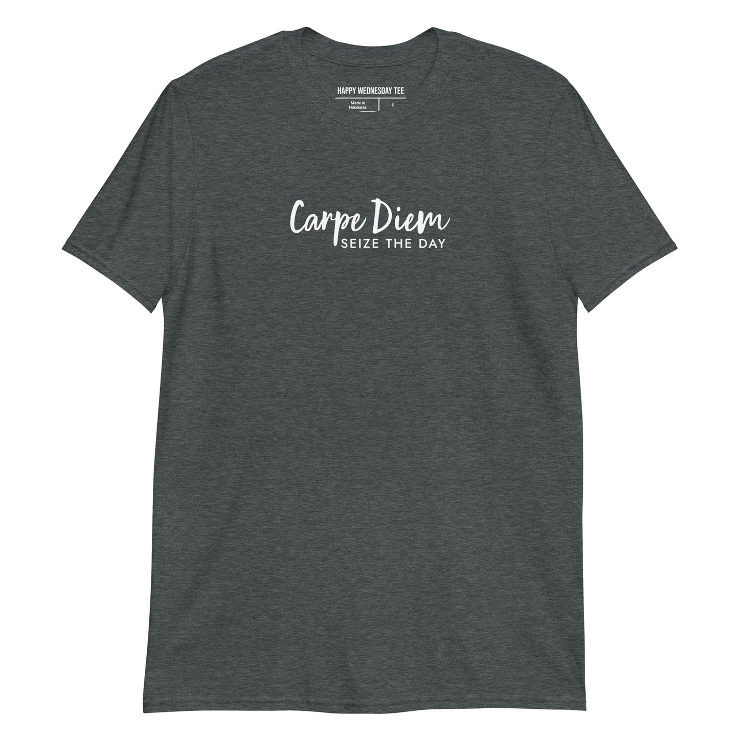 A minimalist dark heather T-shirt with quotes 'Carpe Diem' in white font