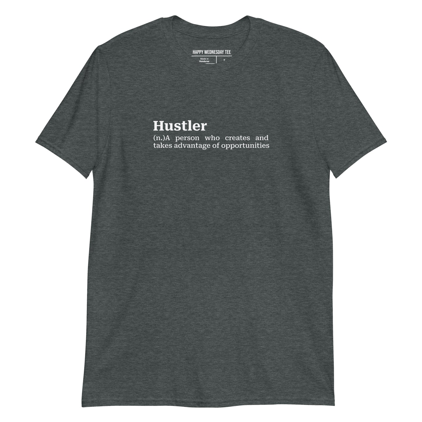 A minimalist dark heather T-shirt with quotes 'Hustler' in white font