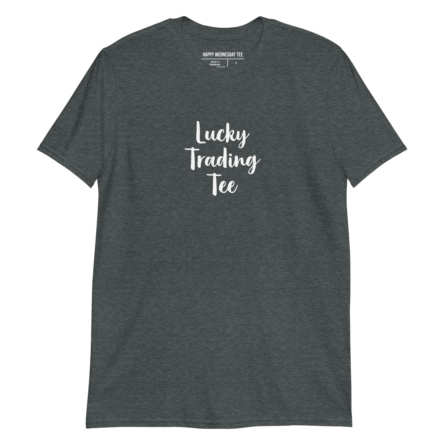 A minimalist dark heather T-shirt with quotes 'Lucky Trading Tee' in white font