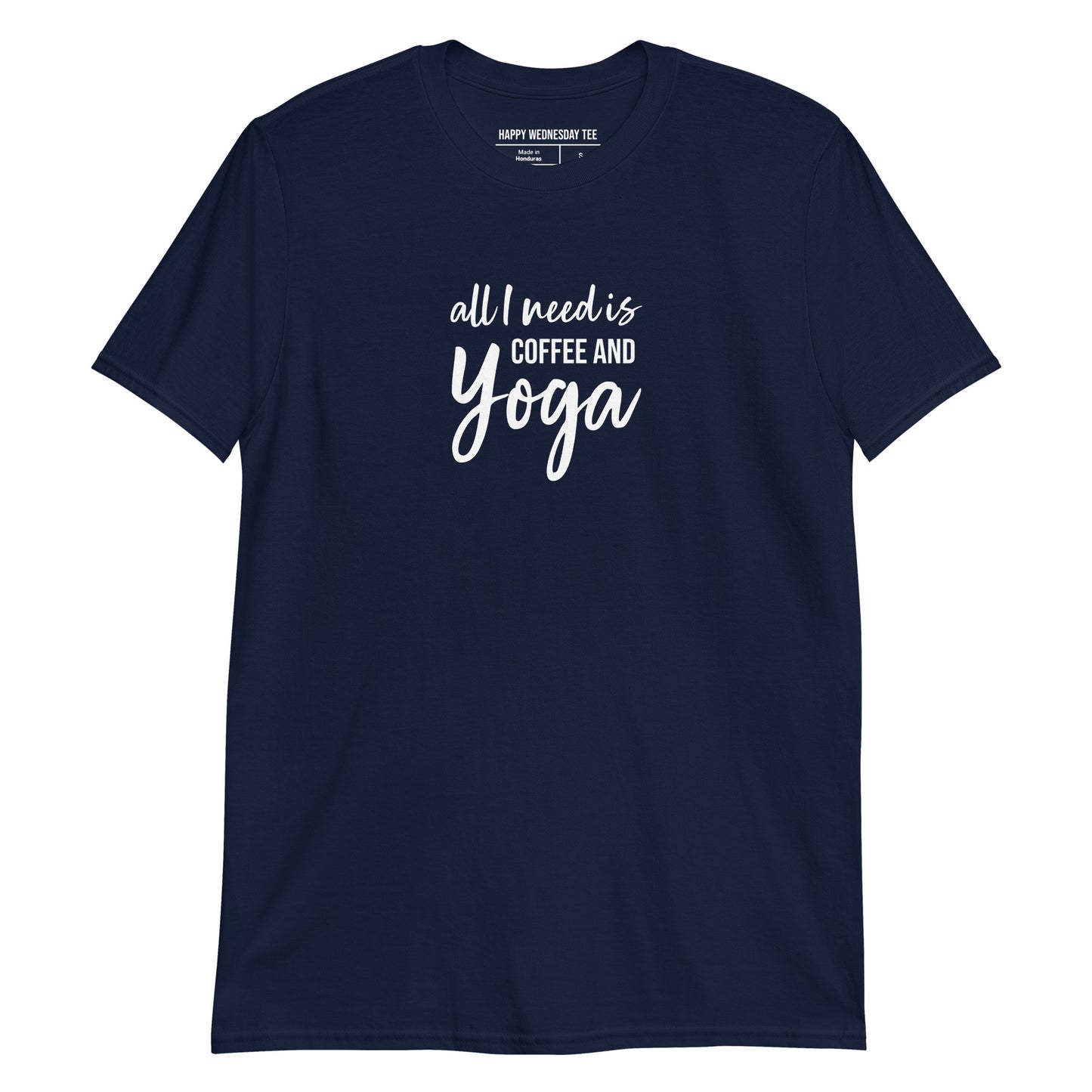 A minimalist navy T-shirt with quotes 'All I need is Coffee & Yoga' in white font