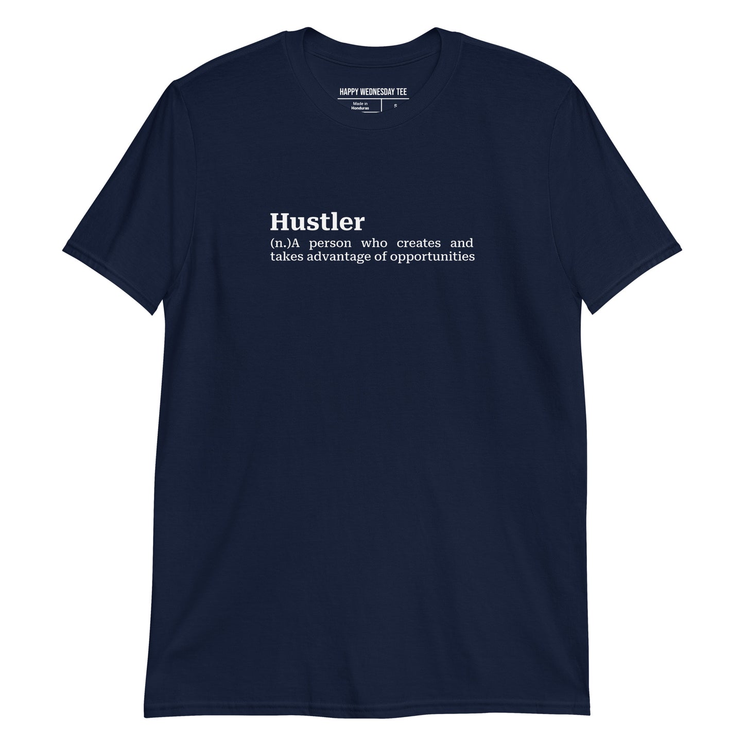 A minimalist navy T-shirt with quotes 'Hustler' in white font