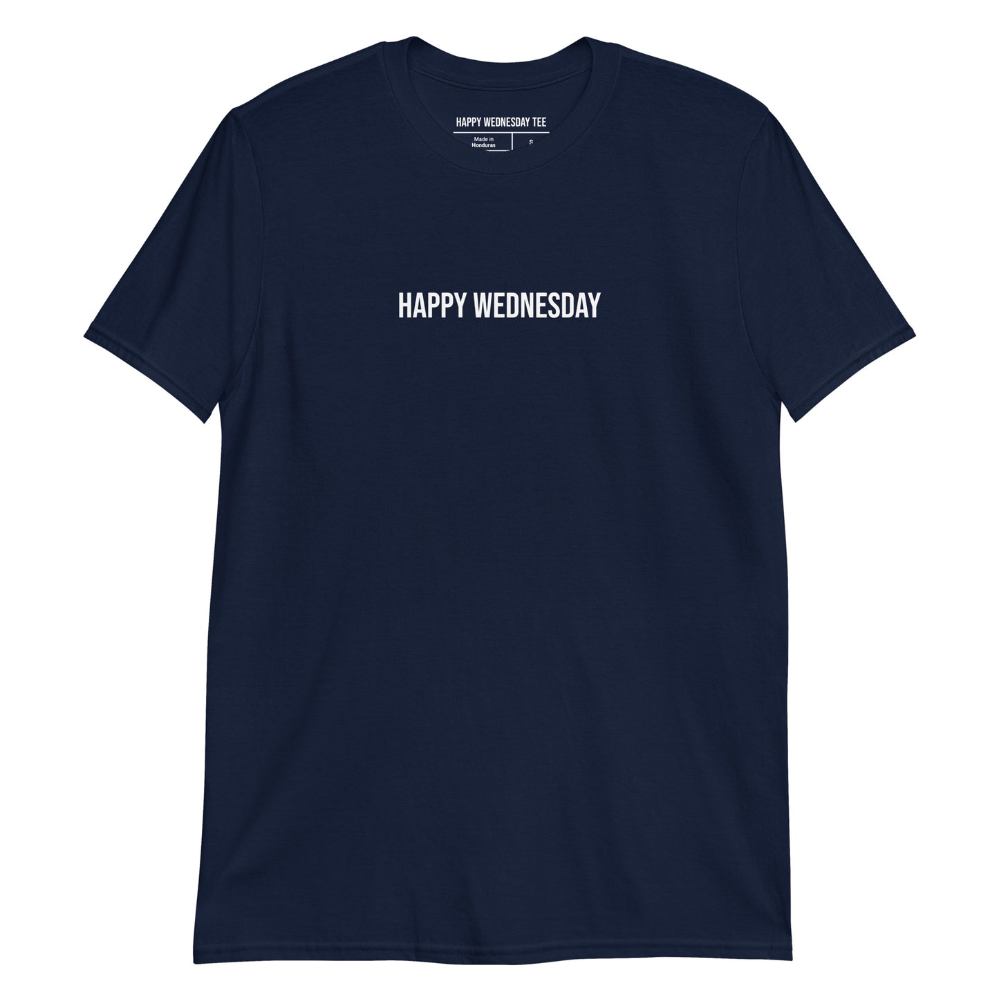 A minimalist navy T-shirt with quotes 'Happy Wednesday' in white font