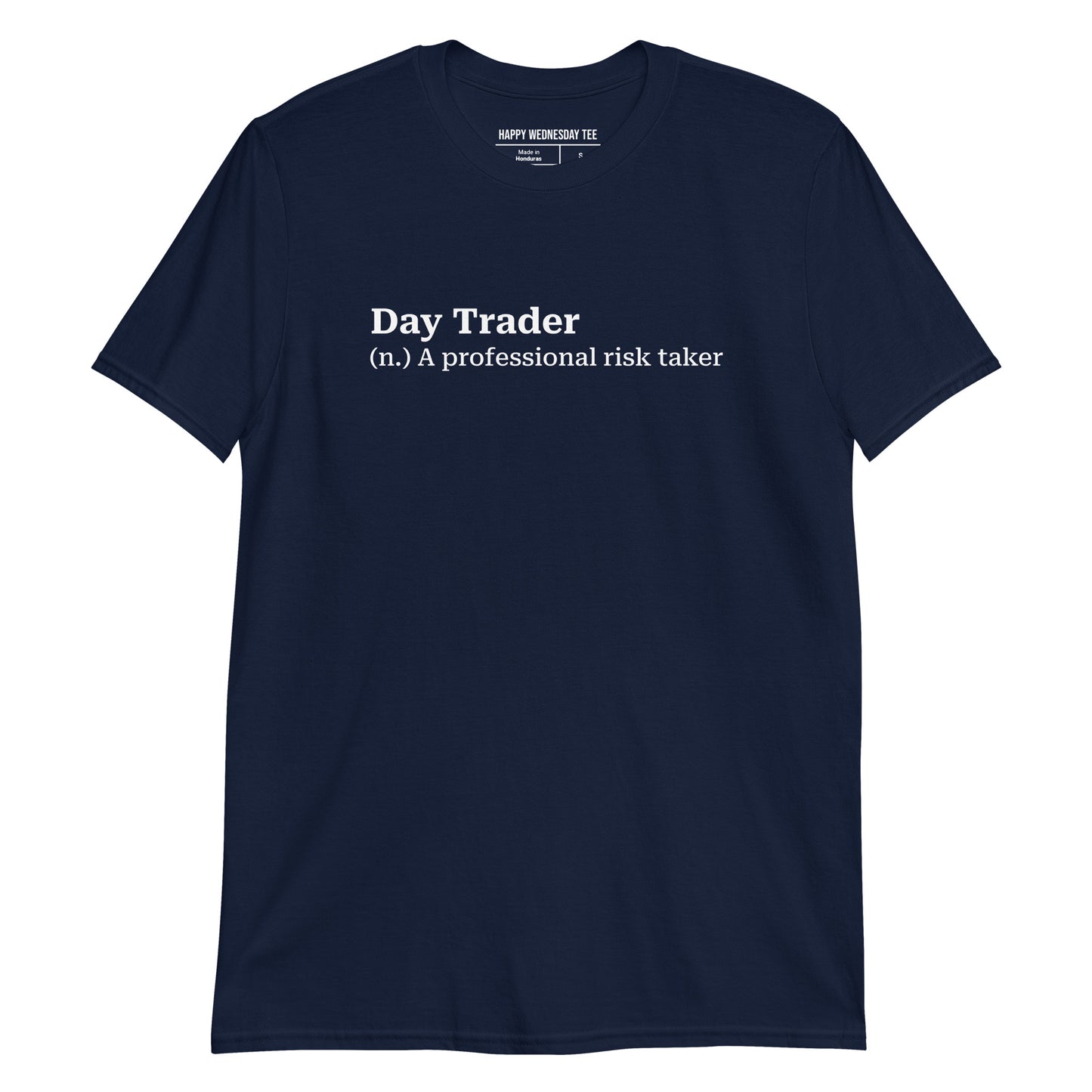 A minimalist navy T-shirt with quotes 'Day Trader' in white font