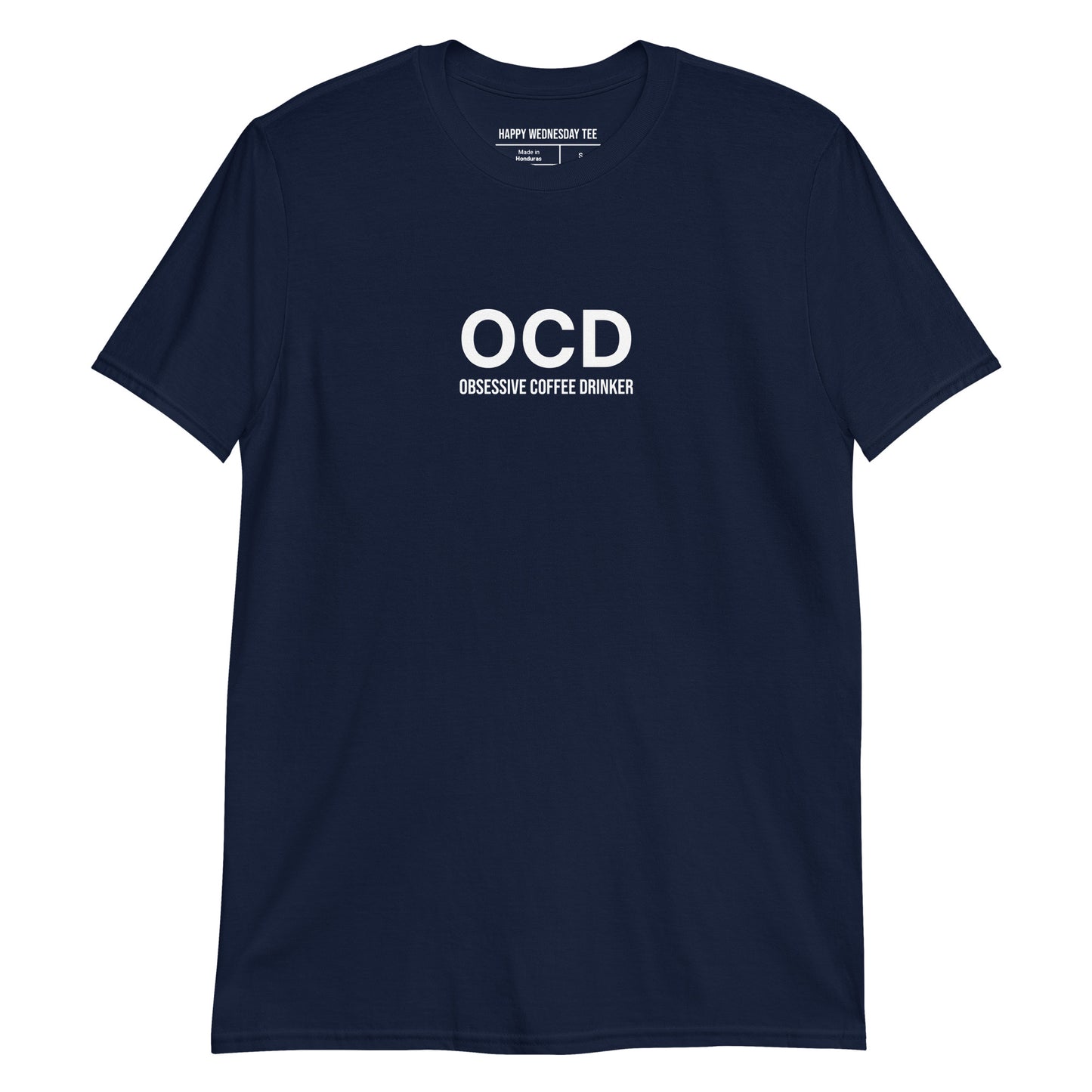 A minimalist navy T-shirt with quotes 'OCD - Obsessive Coffee Drinker' in white font