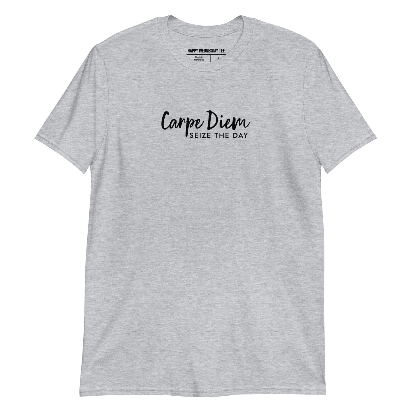 A minimalist sport grey T-shirt with quotes 'Carpe Diem' in black font