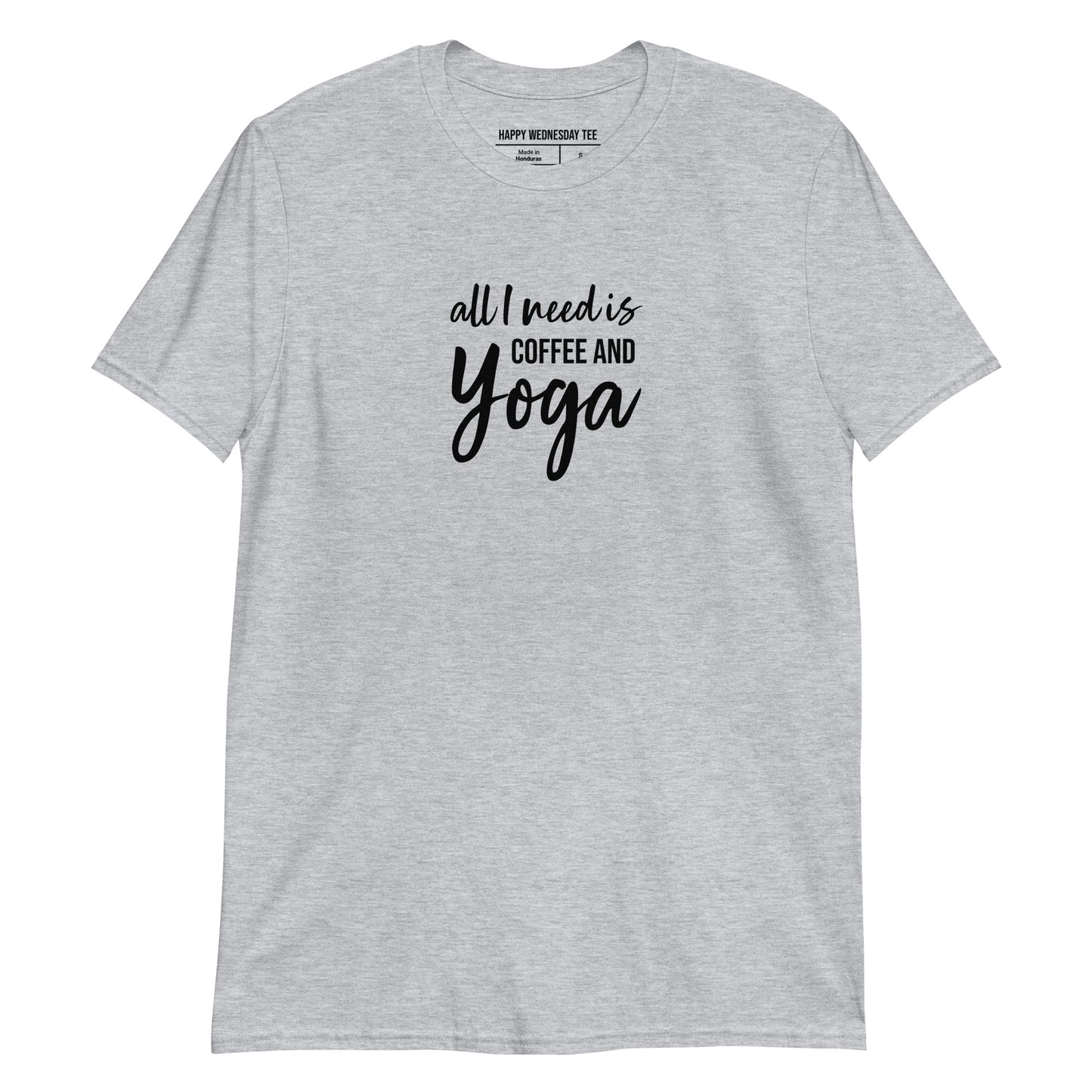 A minimalist sport grey T-shirt with quotes 'All I need is Coffee & Yoga' in black font