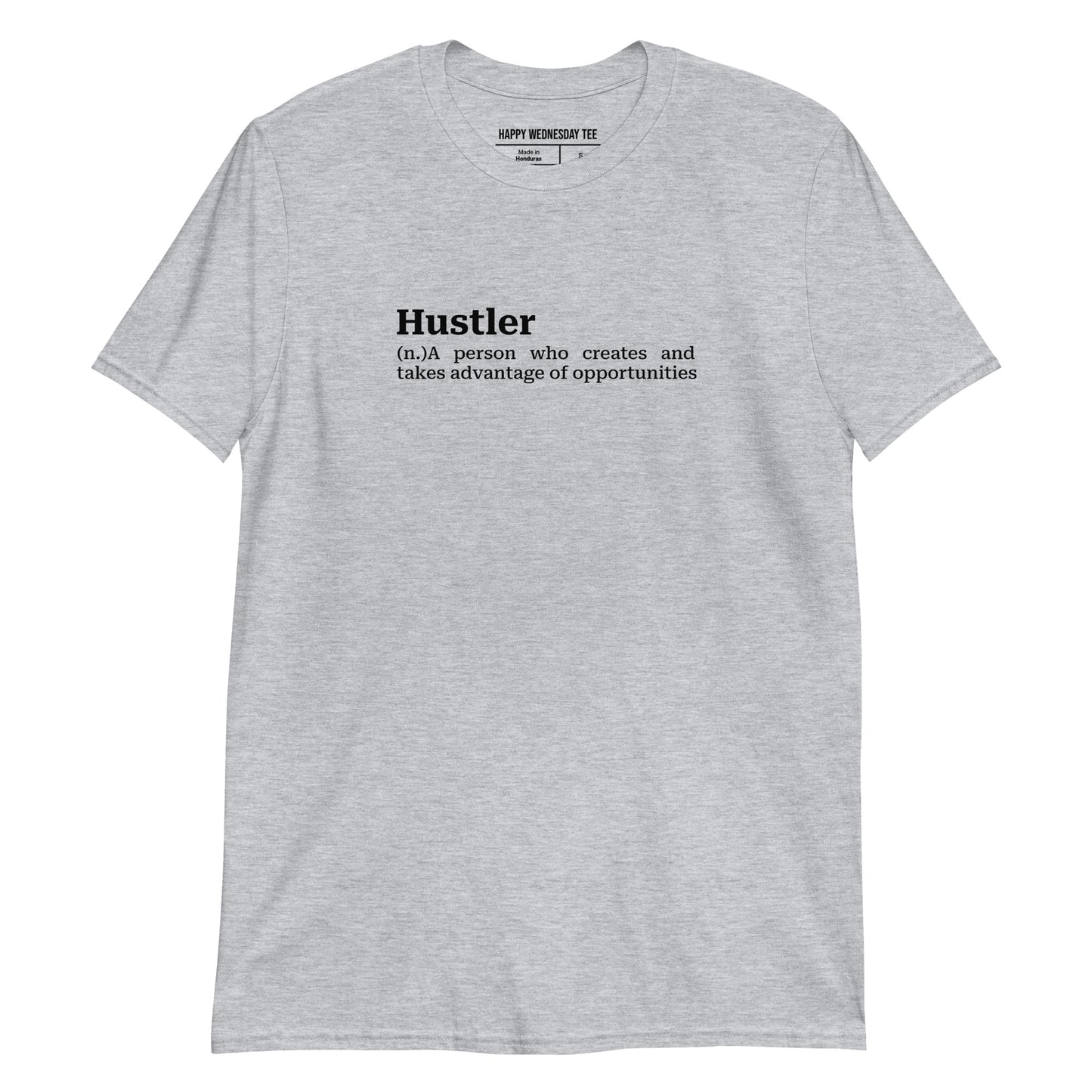 A minimalist sport grey T-shirt with quotes 'Hustler' in black font