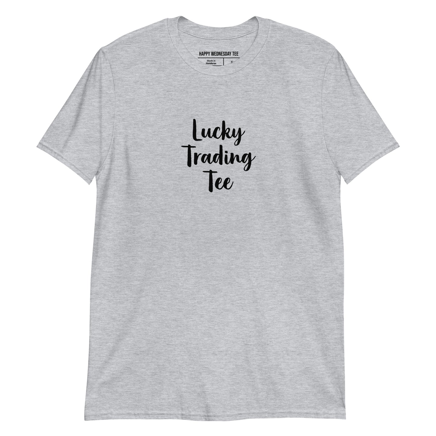 A minimalist sport grey T-shirt with quotes 'Lucky Trading Tee' in black font