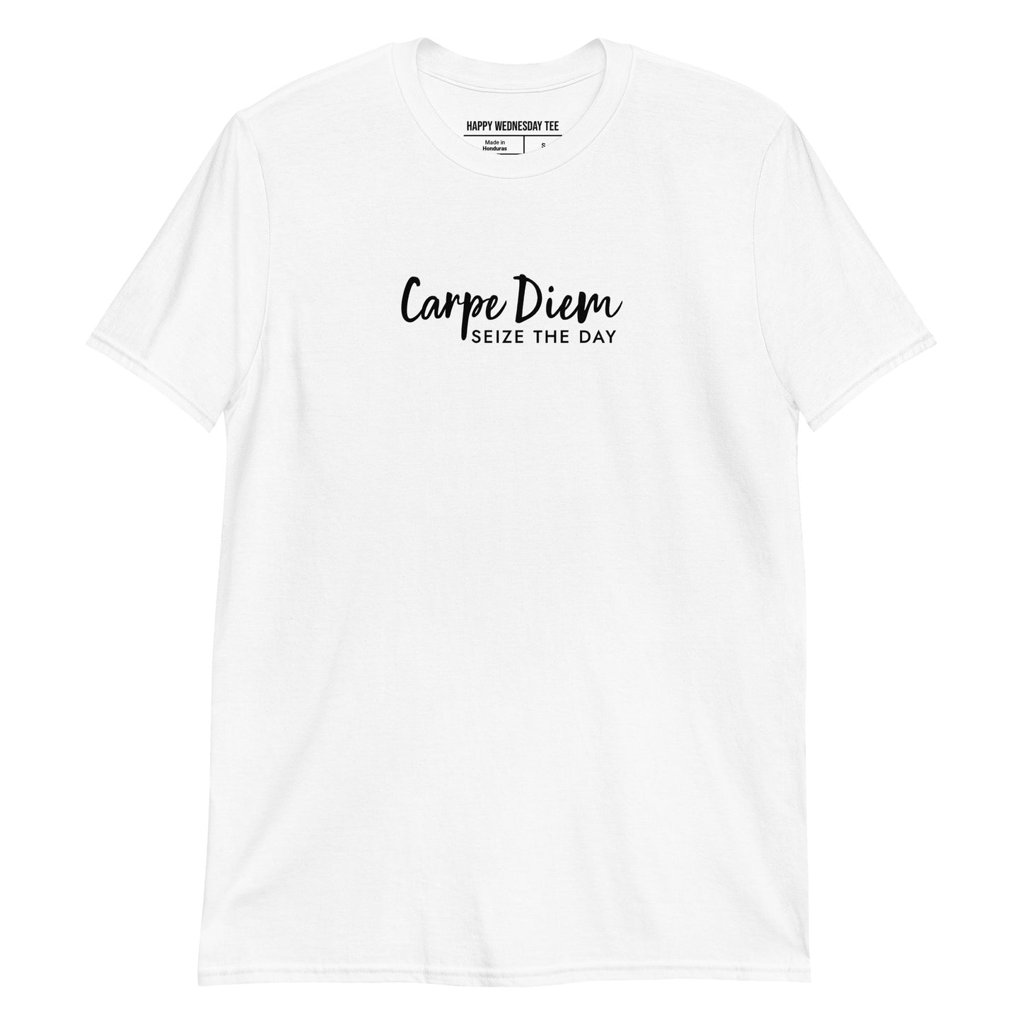 A minimalist white T-shirt with quotes 'Carpe Diem' in black font