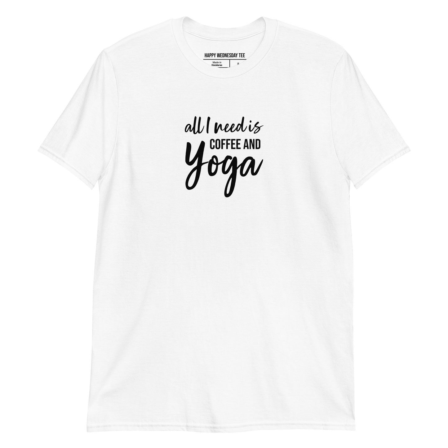 A minimalist white T-shirt with quotes 'All I need is Coffee & Yoga' in black font