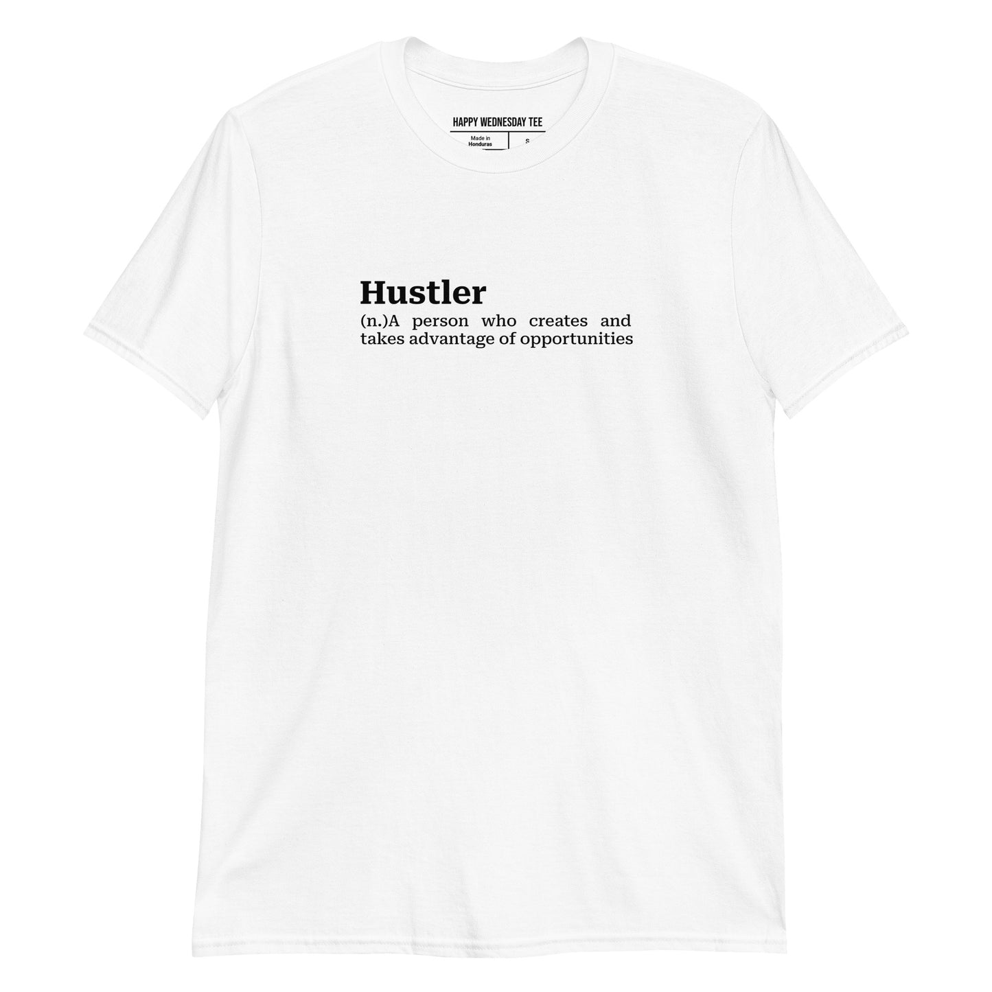 A minimalist white T-shirt with quotes 'Hustler' in black font