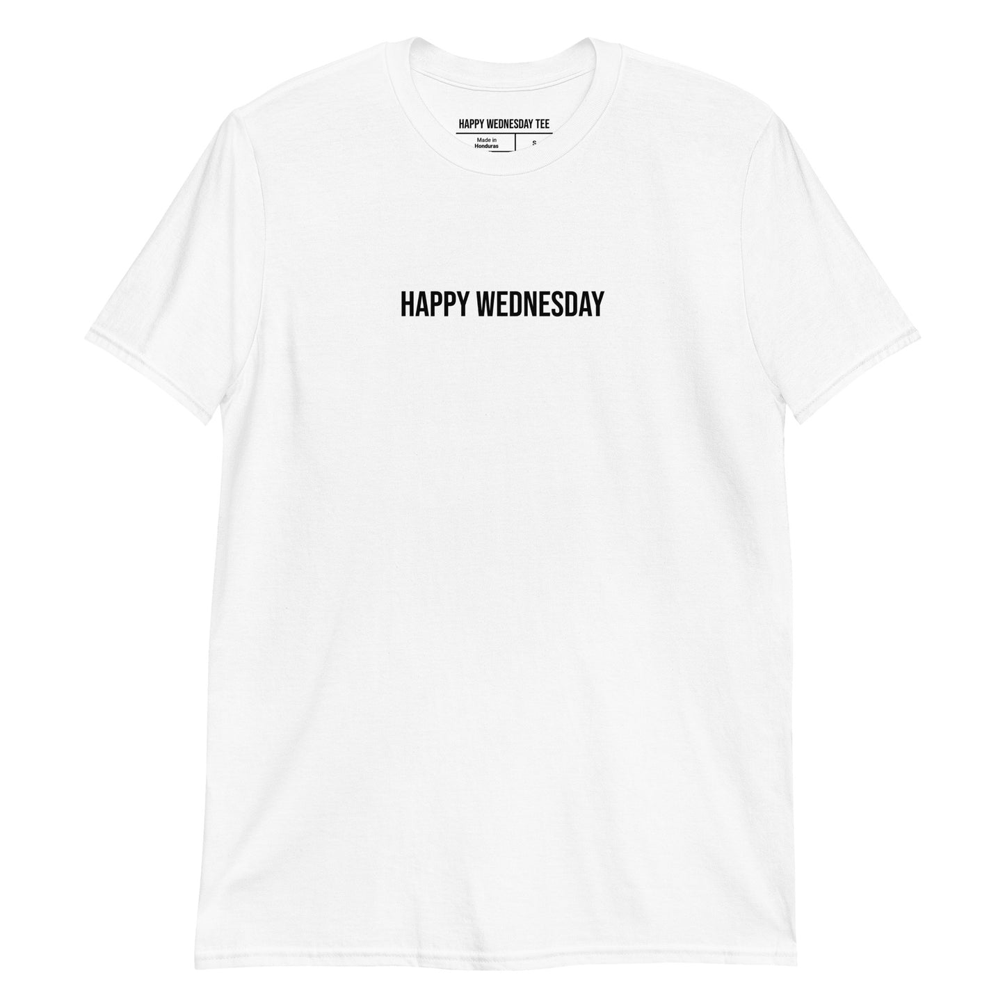 A minimalist white T-shirt with quotes 'Happy Wednesday' in black font