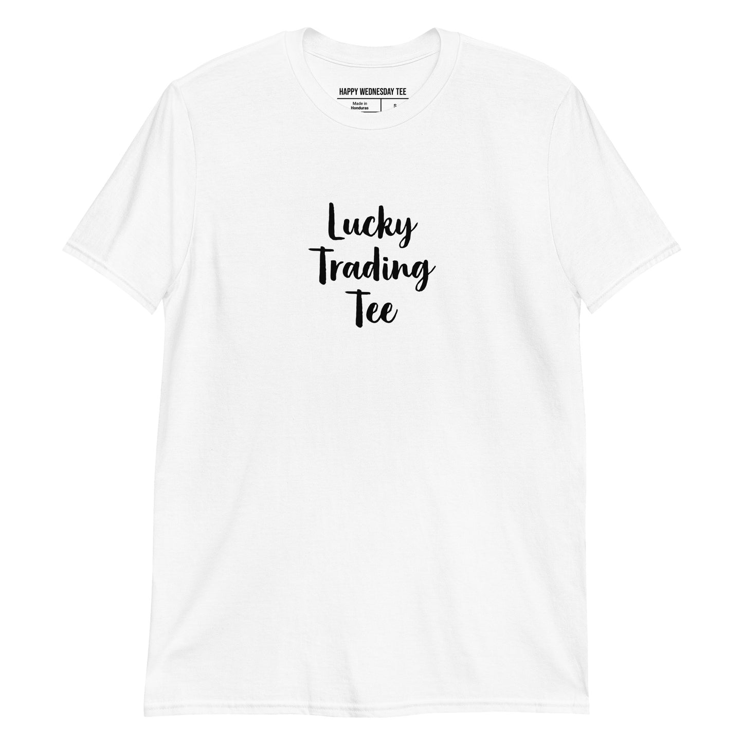 A minimalist white T-shirt with quotes 'Lucky Trading Tee' in black font