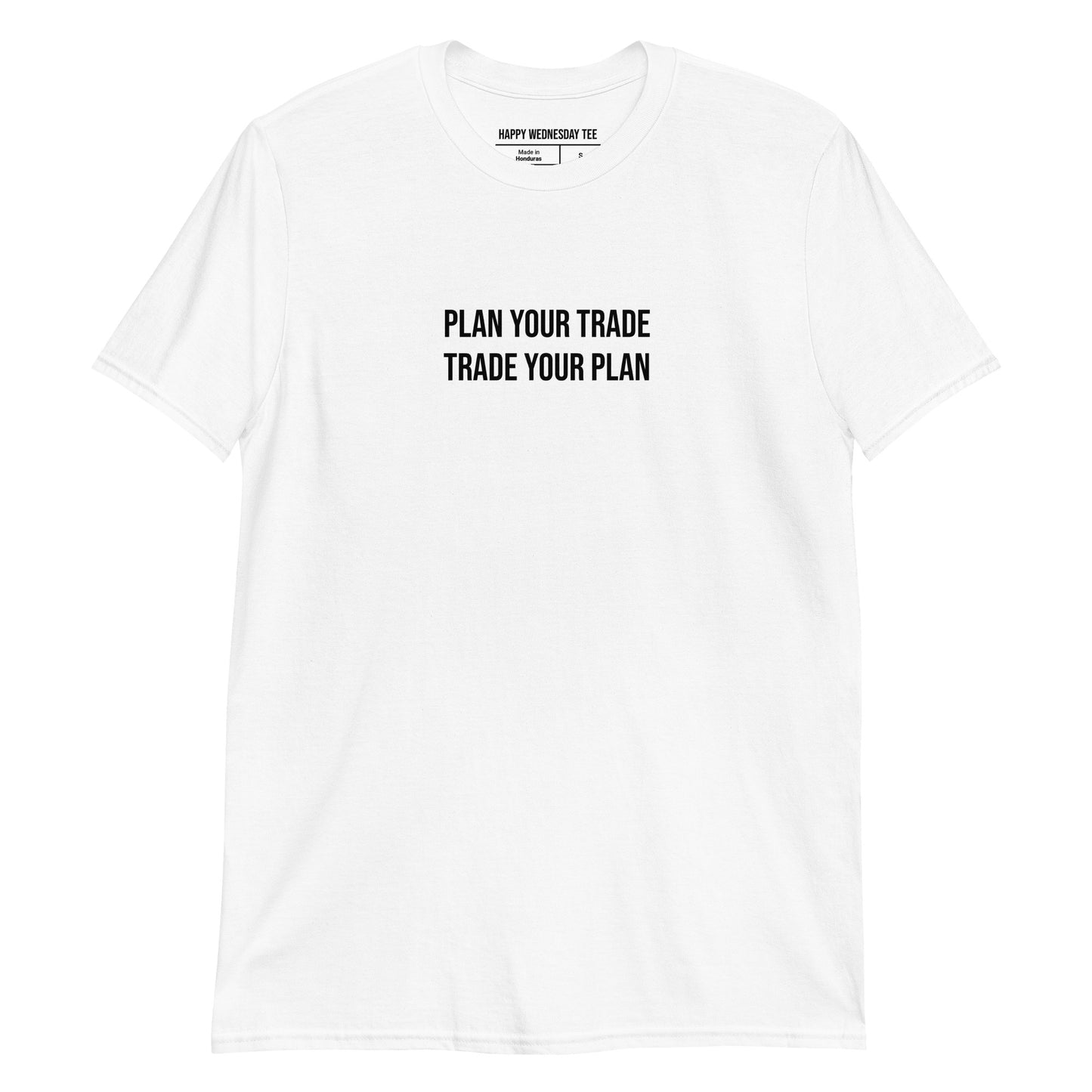 A minimalist sport grey T-shirt with quotes 'Plan your trade, Trade your plan' in black font